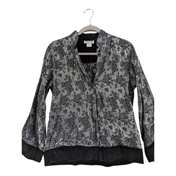 Jones New York Floral S White Black Blouse Button Up Collared Tiered Top‎ Staple - Picture 2 of 10
